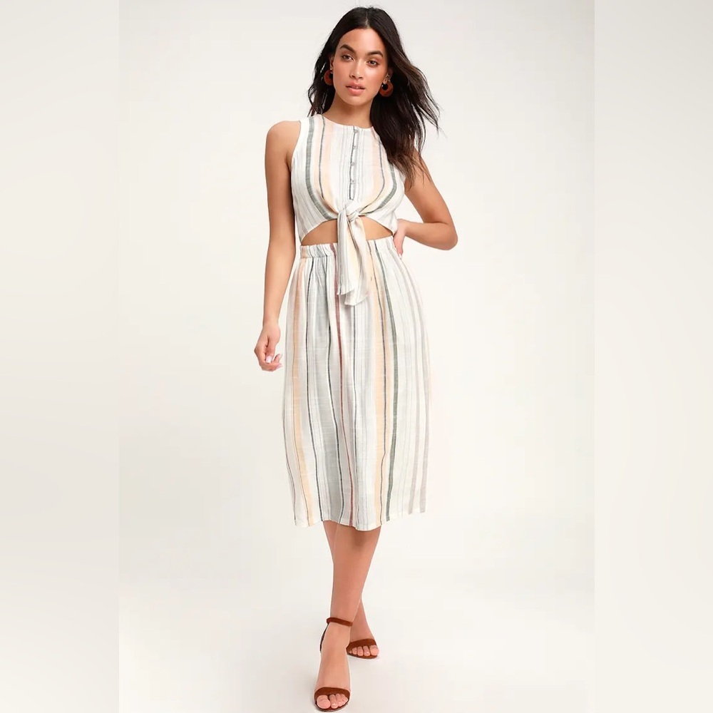 RCVA for lulus pastel Striped Sleeveless Midi Dress Cutout tie waist pockets S